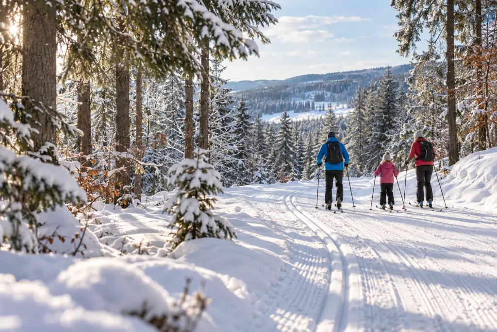 KI-Bild: eine Familie beim Langlaufen durch einen verschneiten Wald im Bayerischen Wald
