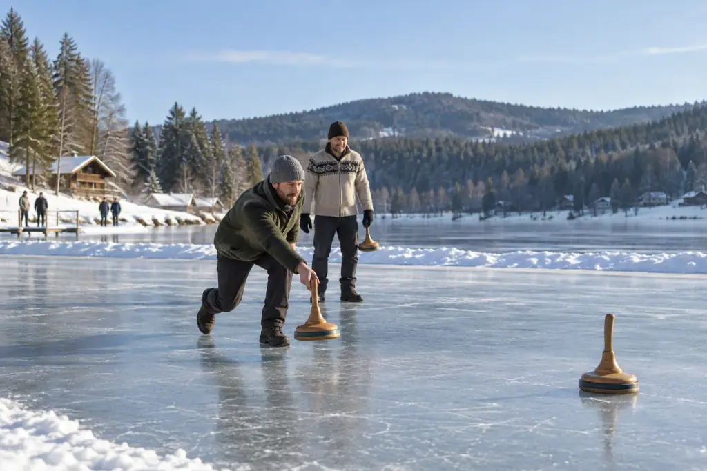 KI-Bild: Erwachsene beim Eisstockschießen auf einer winterlichen Eisfläche am Rannasee