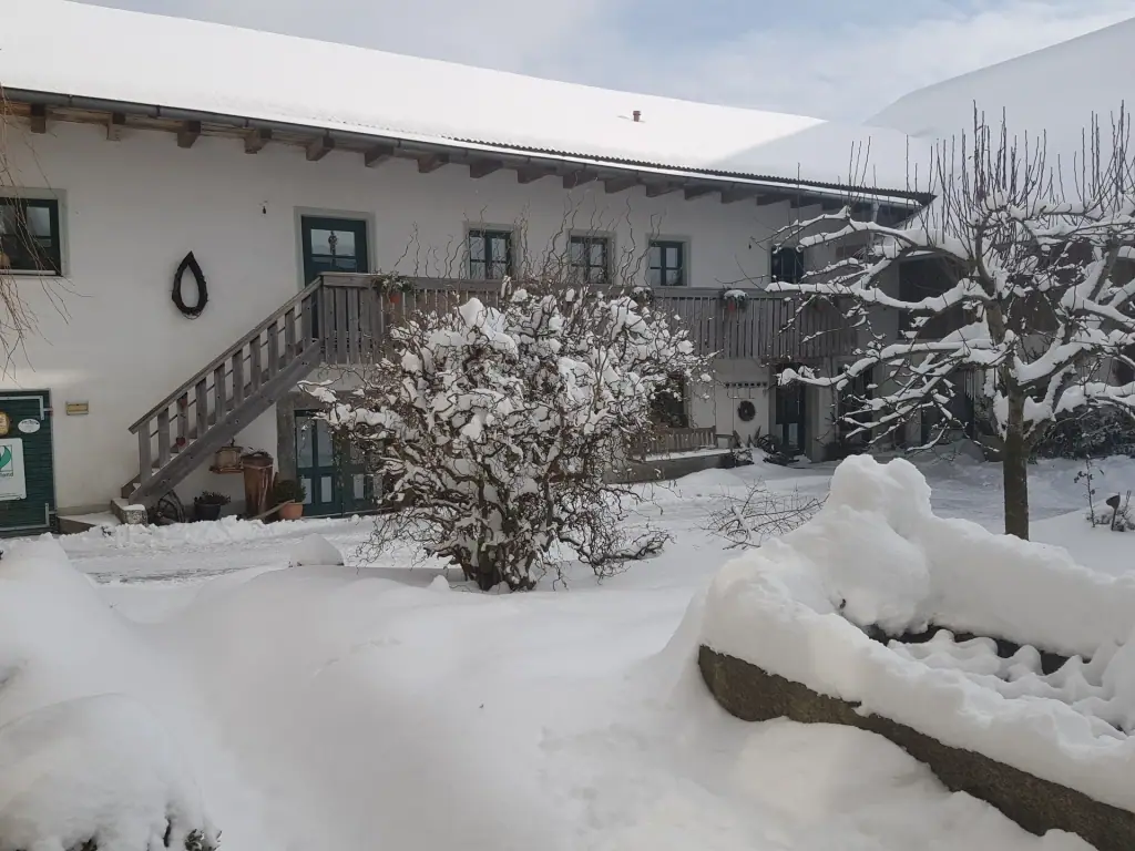 Verschneiter Innenhof mit Holztreppe, Laubengang und Bäumen