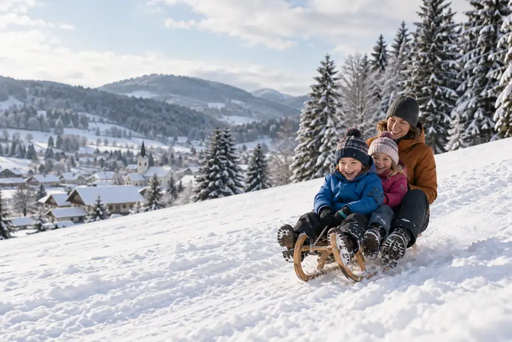 KI-Bild: Familie beim Schlittenfahren auf einem verschneiten Hang im Bayerischen Wald